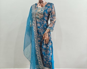 Pakistani Suit/Kurta Set For Women - Blue Floral Print Sequence Kurta Trouser & Dupatta  - Indian Ethnic Wear - Dresses For Women - Party We