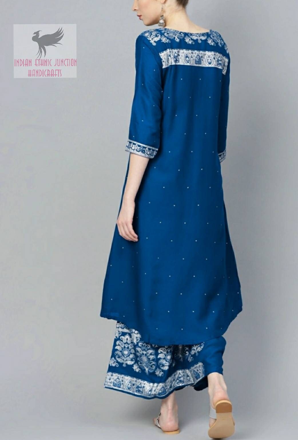 Women  Blue Printed Straight Kurta Palazzos Set
