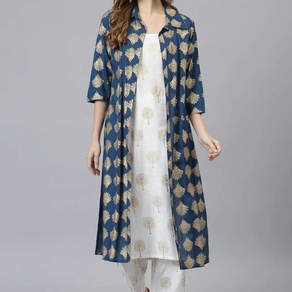 Ensemble kurta avec veste - Kurta et palazzo imprimés bleus motifs ethniques pour femme - Ensemble pantalon kurti - Salwar Kameez