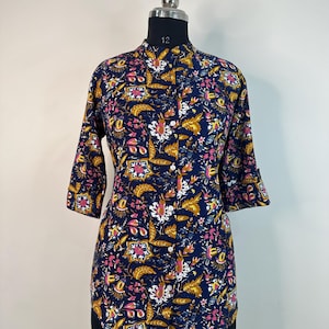 Cotton Kurta Tunic Tops For Women - Floral Printed Collar Top - Short Kurta - Kurtis For Women - Summer Tops Tees T-shirt Plus Size Boho Top