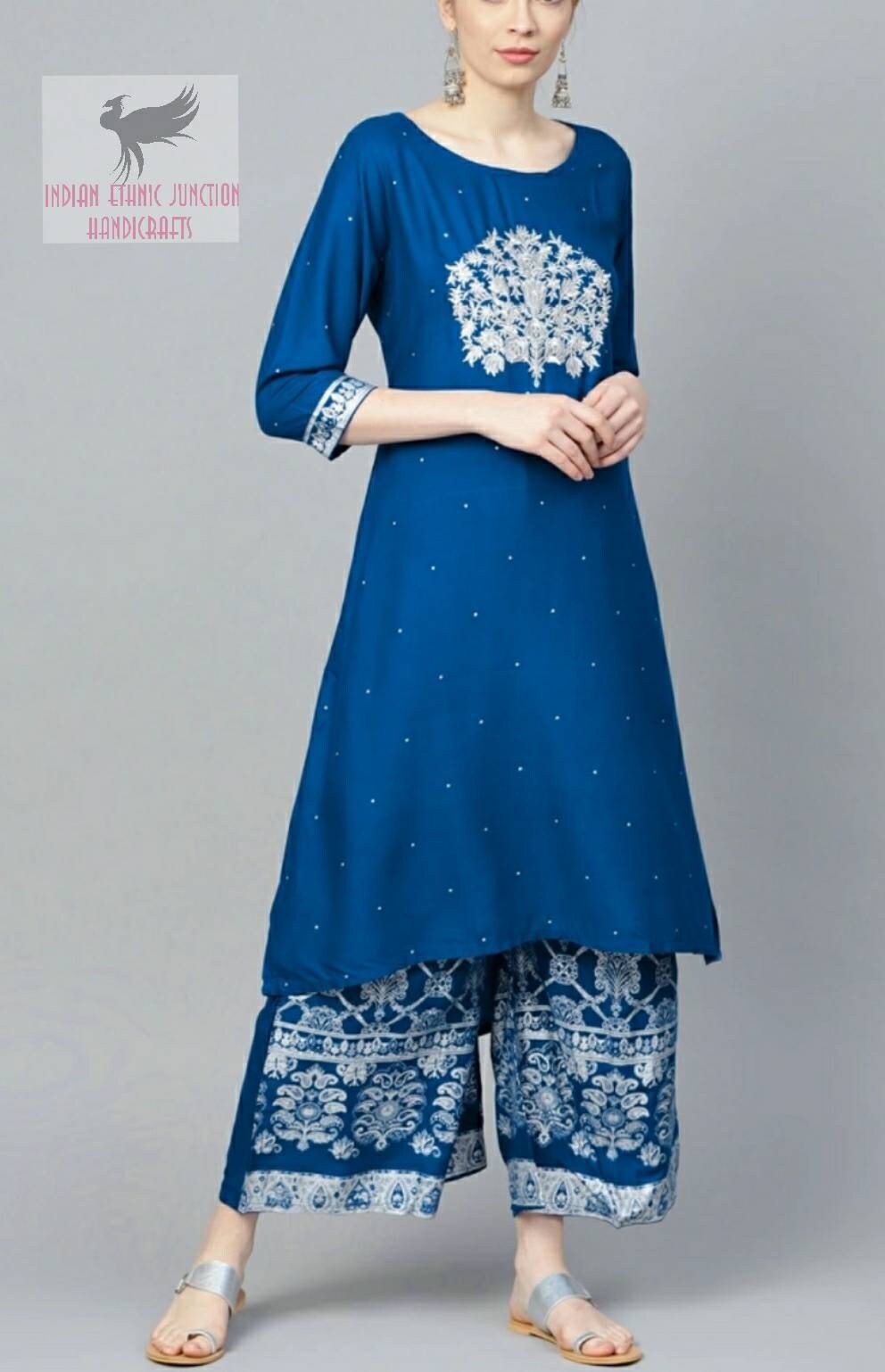 White & Blue Floral Printed A- Line Side Wrap-On Kurta With Blue Solid Palazzo.