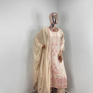Silk Kurta Sets For Women - Beige Woven Design Kurta Trousers & Dupatta  - Indian Ethnic Wear - Dresses For Women - Party Wear - Kurti Dress