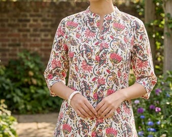 Tunic Tops For Women - Floral Embroidered Empire Top - Short Kurta - Kurtis For Women - Summer Tops Tees T-shirt Plus Size Boho Tops