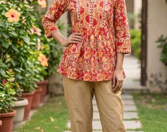 Red Printed Cotton Tunic Top - Short Anarkali Tunic Kurti/ Kurti For Women - Indian Short Kurti/ Summer Tops Tees - Women Cotton Tunic Tops