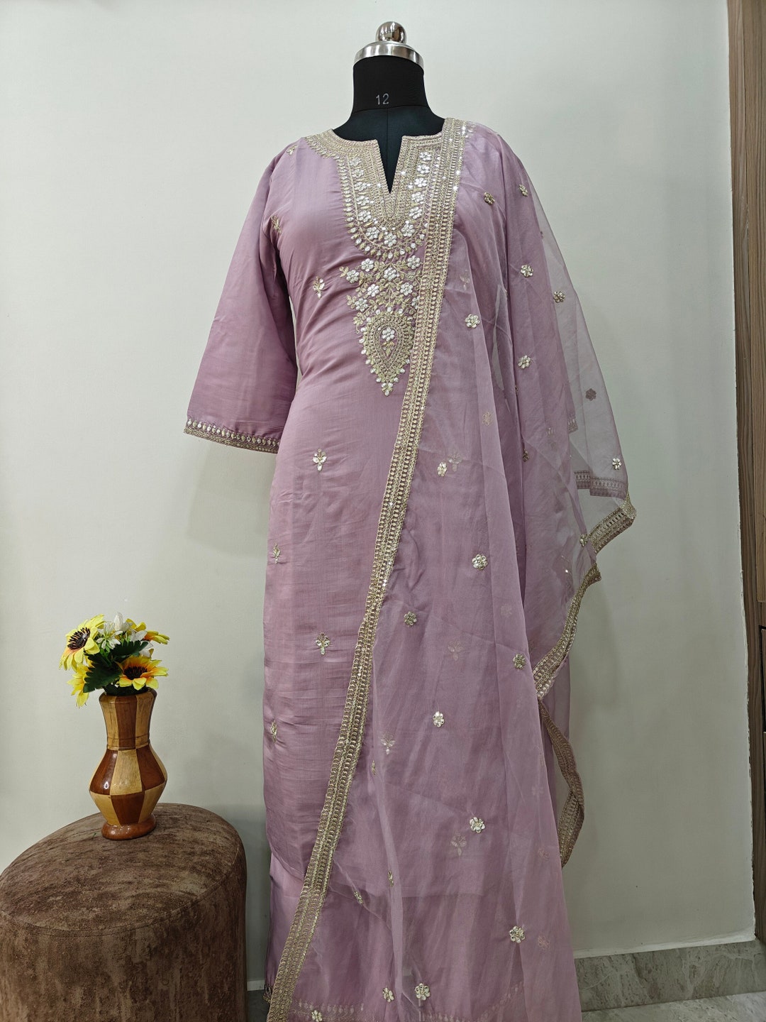 Women Lavender Japan Silk Embroidered KurtI With Pant And Duppata Set