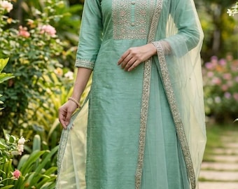 Indian Kurta Set For Women - Sea Green Zari Embroidered Kurta Trouser & Dupatta  - Indian Ethnic Wear - Dresses For Women - Women Party Wear
