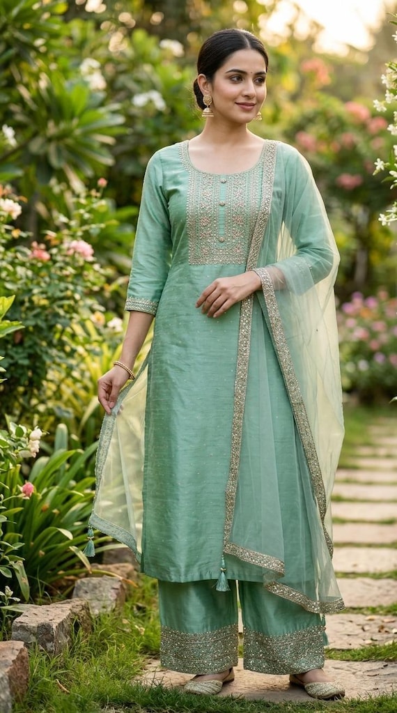 Indian Kurta Set For Women - Sea Green Zari Embroidered Kurta Trouser & Dupatta - Indian Ethnic Wear - Dresses For Women - Women Party Wear Indian Kurta Set For Women - Sea Green Zari Embroidered Kurta Trouser & Dupatta - Indian Ethnic Wear - Dresses For Women - Women Party Wear
