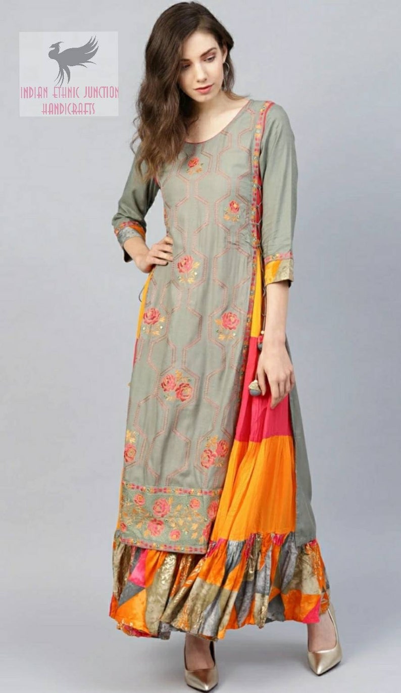 Beautiful Women Grey /& Pink Embroidered Layered A-Line Kurta Ethnic Wear Long Kurti Indian Outfit - Kurti Dress For Girls Women