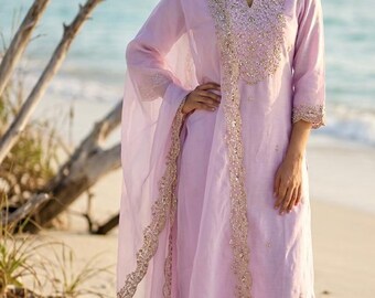 Kurta Set For Women - Pink Golden Embroidered Kurta Trouser & Dupatta  - Indian Ethnic Wear - Dresses For Women - Party Wear/Pakistani Suit