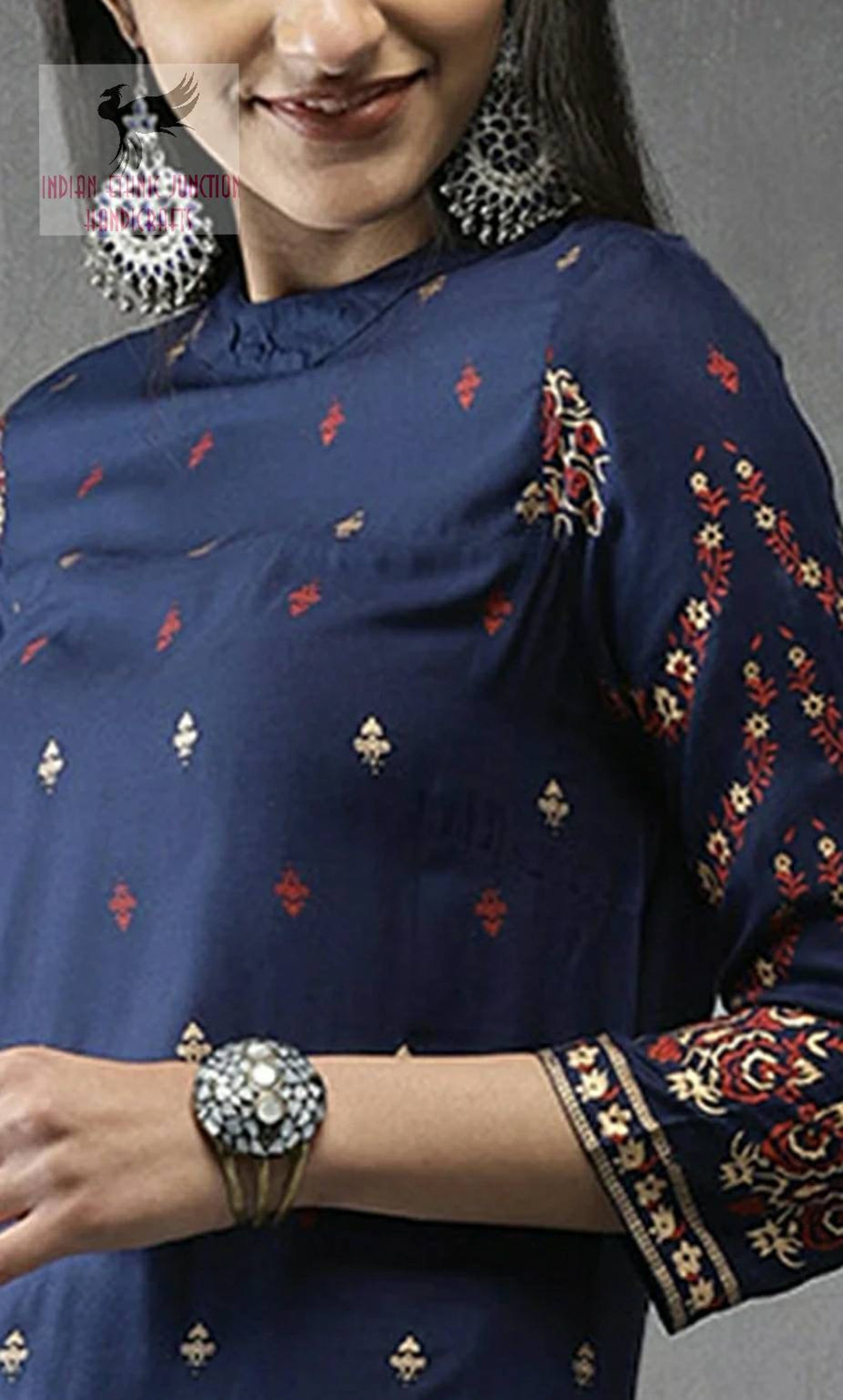 Indian Dress Women Navy Blue Printed Kurta With Palazzos Etsy
