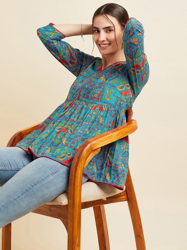 Tuniken für Frauen, Top-Kleid für Frauen Blaue und rote Kalamkari-Baumwoll-Tunika Kurti Kurta-Damen-Kurtis für Frauen Tuniken-Tops Sommerkleidung Bild 7