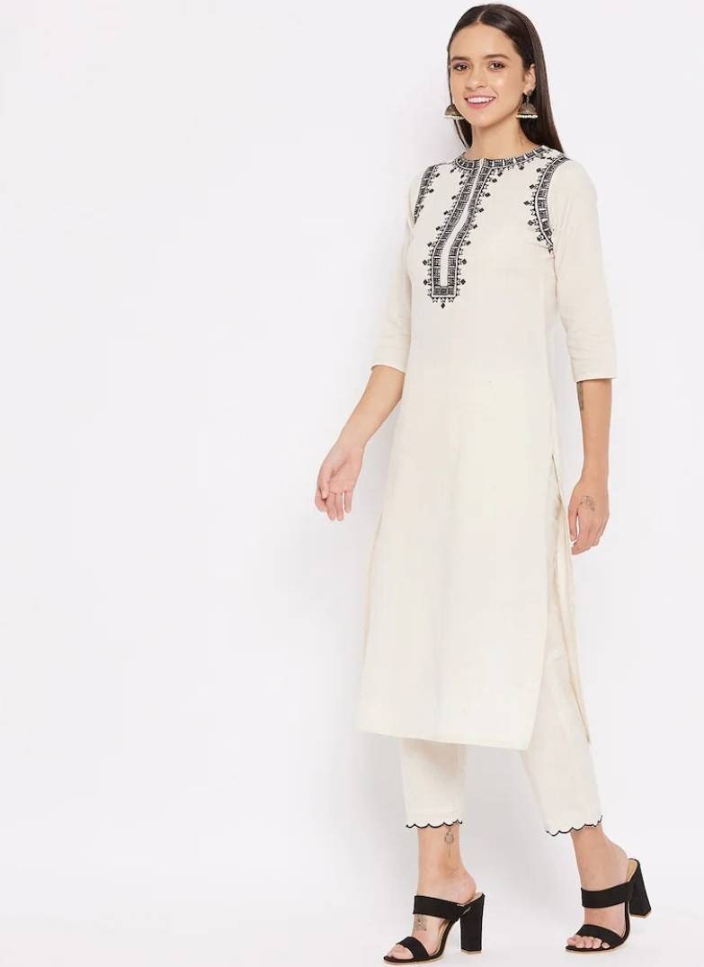 Off White Cotton Flex Floral Embroidered Kurta with Sequin Details at Soch