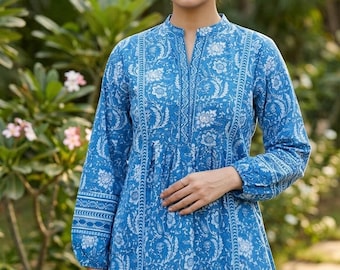 Blue Tunic Tops For Women - Floral Printed Empire Top - Short Kurta - Kurtis For Women - Summer Tops Tees T-shirt Plus Size Boho Tops