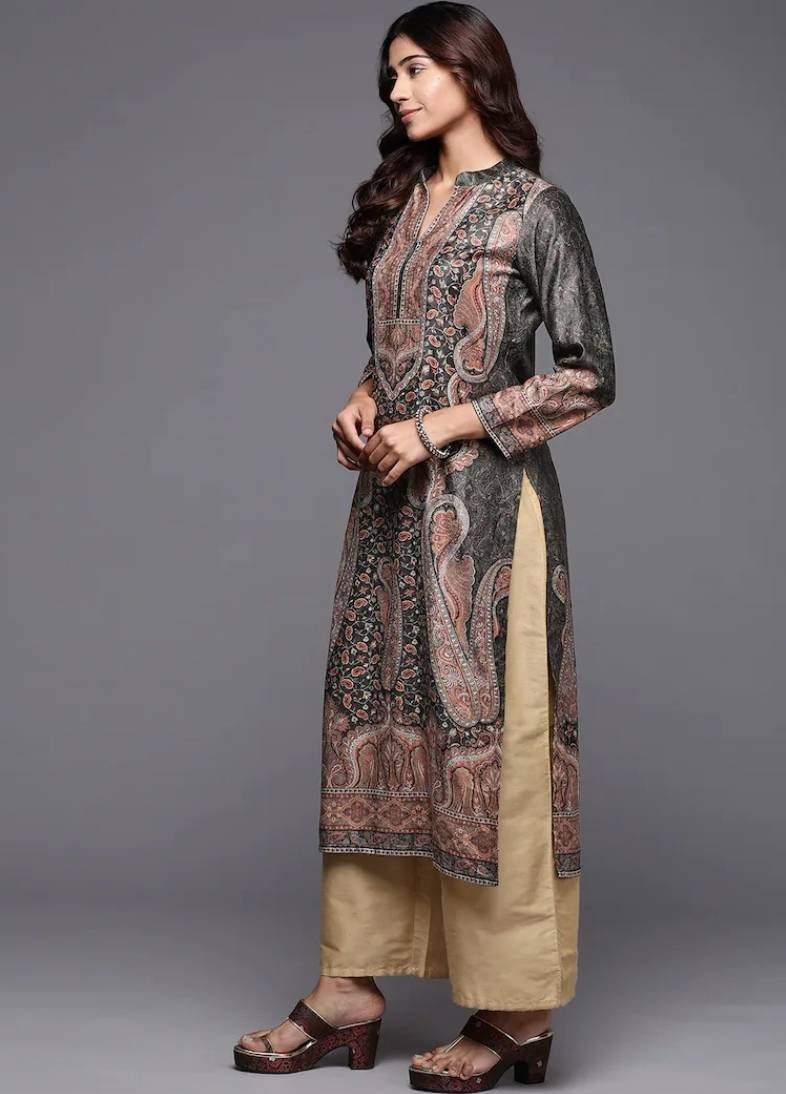 Women Olive Stripe Printed Kurta