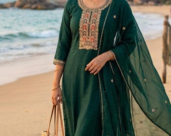 Green Embroidery Kurta Set/ Silk Salwar Kameez Set/ Indian Wedding Dress/ XXL Plus Size Kurta/ Dresses For Women/ Indian Festive Party Wear