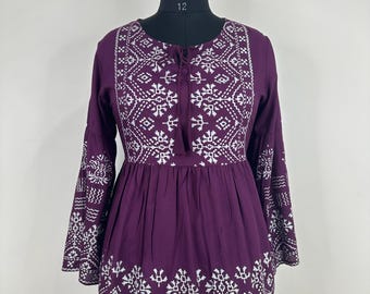 Cotton Kurta Tunic Tops For Women - Bandani Printed Collar Top - Short Kurta - Kurtis For Women/ Summer Tops Tees T-shirt Plus Size Boho Top