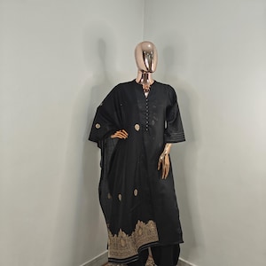 Black Pure Cotton Kurta With Trousers and Dupatta/ Indian Ethnic Wear/ Pakistani Suit Set - Salwar Kameez Set - Plus Size Women/Women Kurta