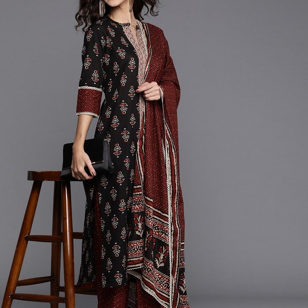 Kurta Sets Women - Pure Cotton Ethnic Motifs Printed Kurta with Palazzos & Dupatta Pakistani Salwar Kameez - Indian Dress