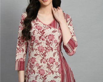 Hauts tuniques en pur coton pour femmes - Haut Empire imprimé floral - Kurta court - Kurtis pour femmes - Hauts d'été T-shirts T-shirt Grande taille Boho Tops