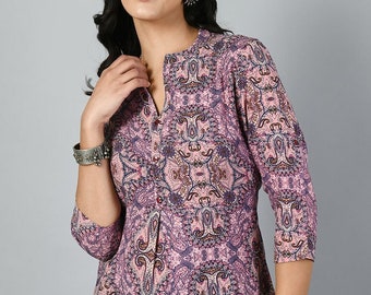 Hauts tuniques en coton pour femme - Haut empire à imprimé floral - Short Kurta - Kurtis pour femme - Hauts d'été T-shirts T-shirt grande taille