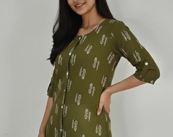 Túnicas indias para mujer - Túnica/Kurti de verano de algodón estampado color oliva para mujer - Kurta corta - Camisetas de verano - Túnicas de algodón para mujer