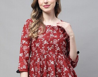 Túnica Kurti corta - Túnica estampada floral granate de algodón puro para mujer - Túnica india - Tops étnicos de verano para mujer