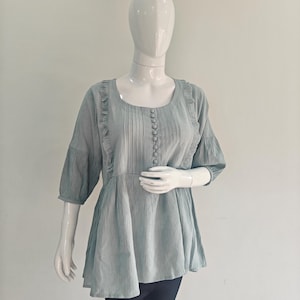 Solid Cotton Tunic Tops For Women - Ash Blue Empire Tunic Top - Short Kurta - Kurtis For Women - Summer Top Tees T-shirt Plus Size Boho Tops