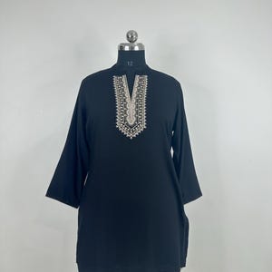 Black Cotton Kurta Tunic Tops For Women - Neck Embroidery Cotton Top - Short Kurta - Kurtis/ Tops Tees T-shirt Plus Size Tunic /Summer Wear