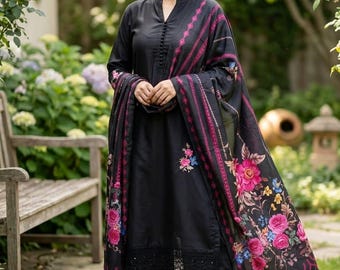 Traje de fiesta indio para mujer: Kurta de seda negra bordada con pantalón y dupatta - Traje pakistaní - Kurta de fiesta india / Kurta talla XXL