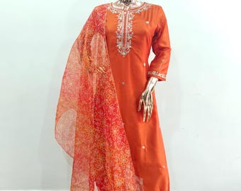 Orange Wedding Kurta/ Indian Party Wear Kurta Set For Women - Embroidered Kurta Trousers & Dupatta  - Indian Ethnic Wear - Dresses For Women