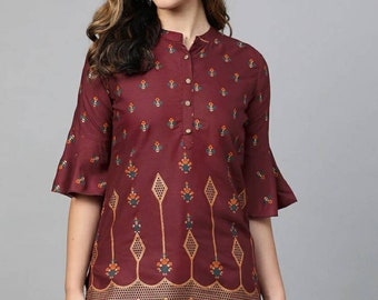 Kurze Kurti-Tunika – Maroon & Gold bedruckter gerader Kurti – Indische Tunika – Indisches Kleid – Top, T-Shirt, kurze Kurta