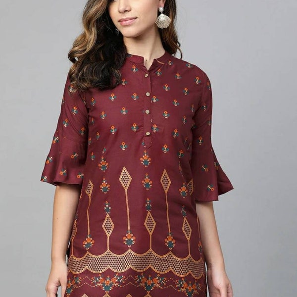 Short Kurti Tunic - Maroon & Golden Printed Straight Kurti - Indian Tunic - Indian Dress - Top, Tshirt , Short Kurta