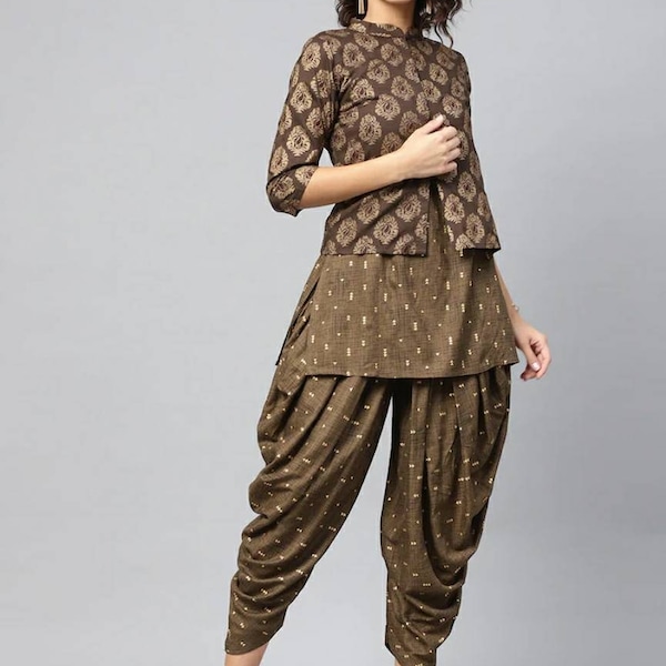 Ensemble Kurta - Kurti imprimé marron olive et doré avec pantalon Dhoti et veste ethnique - Cadeau de mariage - Robe de demoiselle d'honneur - Kurti avec palais