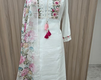 Kurta Set For Women - White Pink Blue Embroidered Kurta Trousers & Dupatta  - Indian Ethnic Wear - Dresses For Women - Party Wear