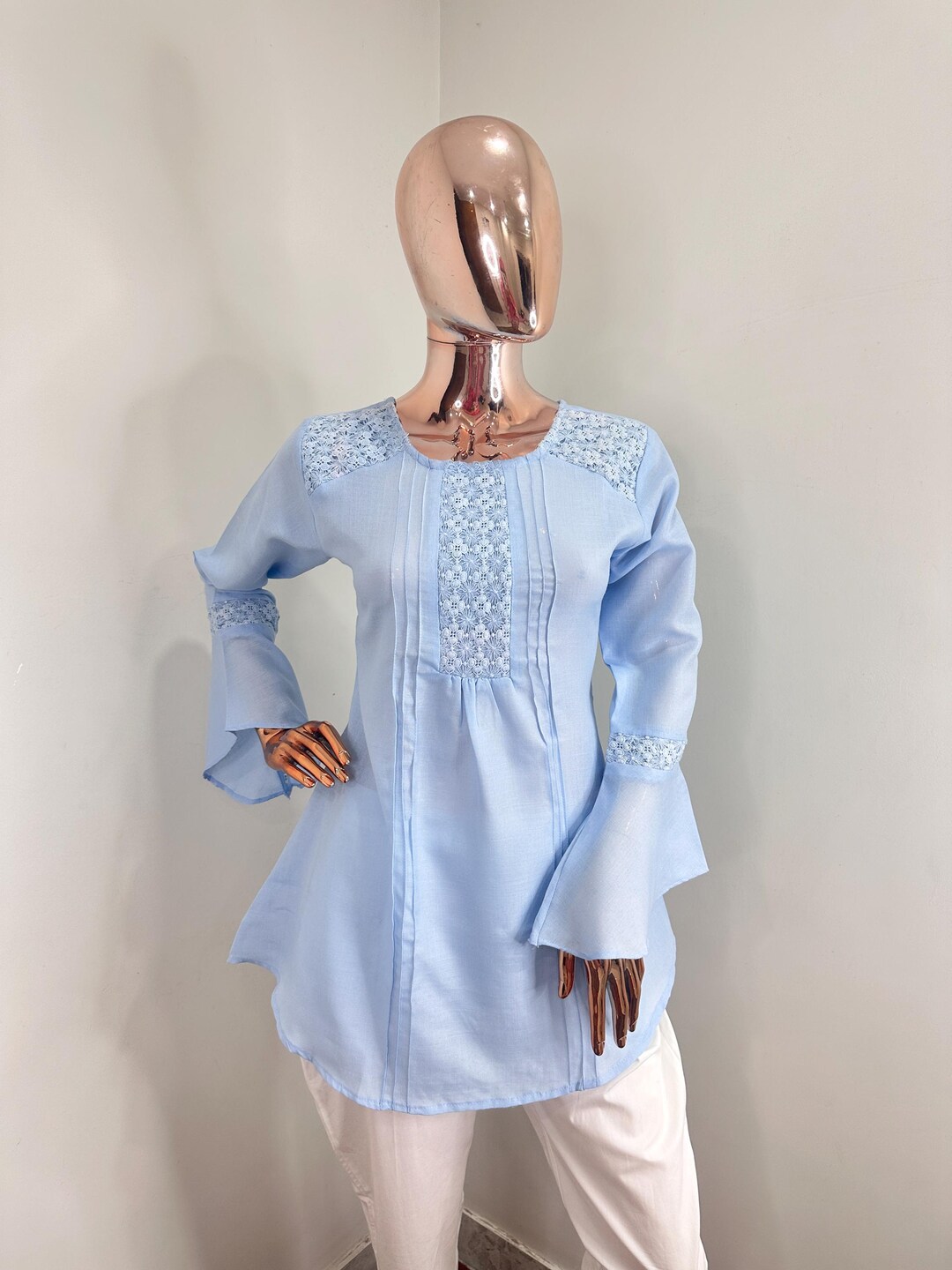 Women’s Cotton Short Kurti with Blue Embroidery – Beige Ethnic Tunic Top, Casual Summer Wear main image 0