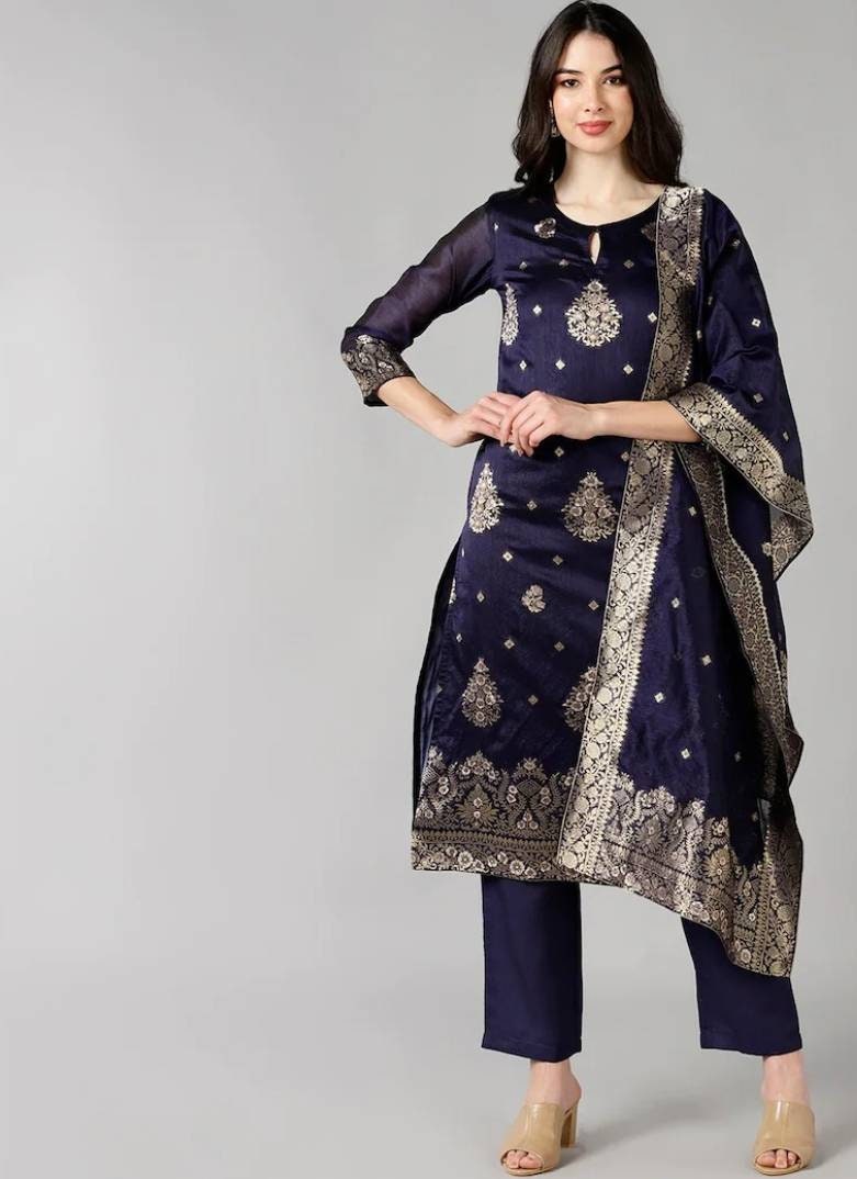 Light Blue Floral Printed Plus Size Embroidered kurta with Pink Tights main image 0