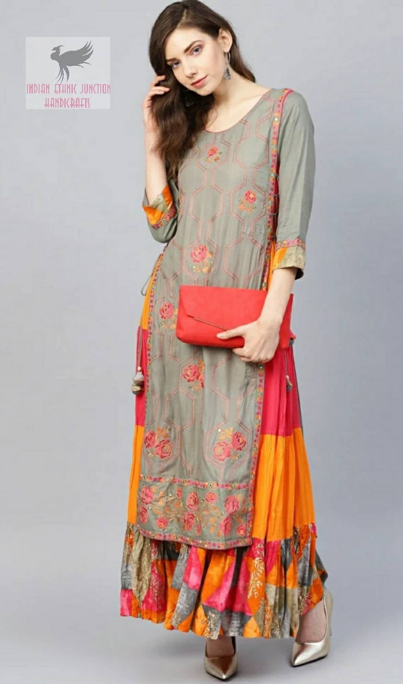 Beautiful Women Grey /& Pink Embroidered Layered A-Line Kurta Ethnic Wear Long Kurti Indian Outfit - Kurti Dress For Girls Women