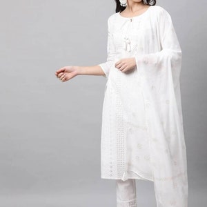 White Dress For Women - Floral Chikankari Pure Cotton Kurta with Trousers & Dupatta - Indian Dress - Salwar Kameez Pakistani Kurti Pant Set