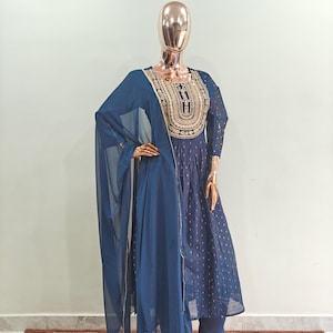 Blue Designer Anarkali Kurta Set - Kurta with Trouser & Dupatta Kurta Set - Salwar Kameez 3 Piece Set - Anarkali Kurta - Indian Anarkali Set
