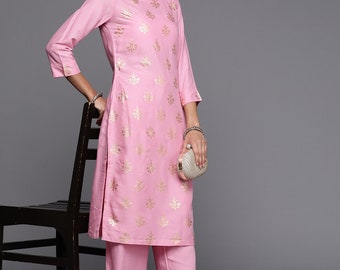 Indisches Kleid - Frauen Pink & Golden Printed Kurta mit Palazzos - Ethnic Wear - Indische Tunika - Kurta Frauen - Kurtis For Women