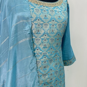 Silk Kurta Set - Blue Woven Design Kurta with Trousers & Dupatta / Indian Ethnic Wear - Dresses For Women - Party Wear - Pakistani Kurta Set