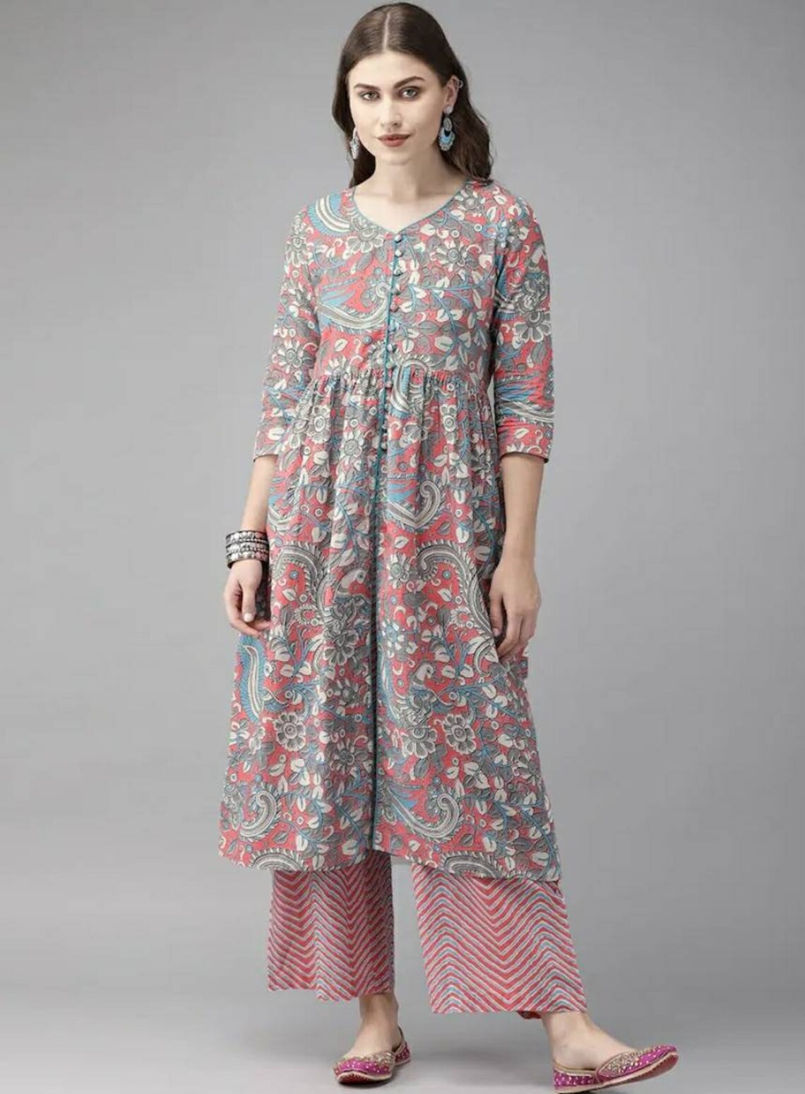 Grey Printed Kurta With Trousers