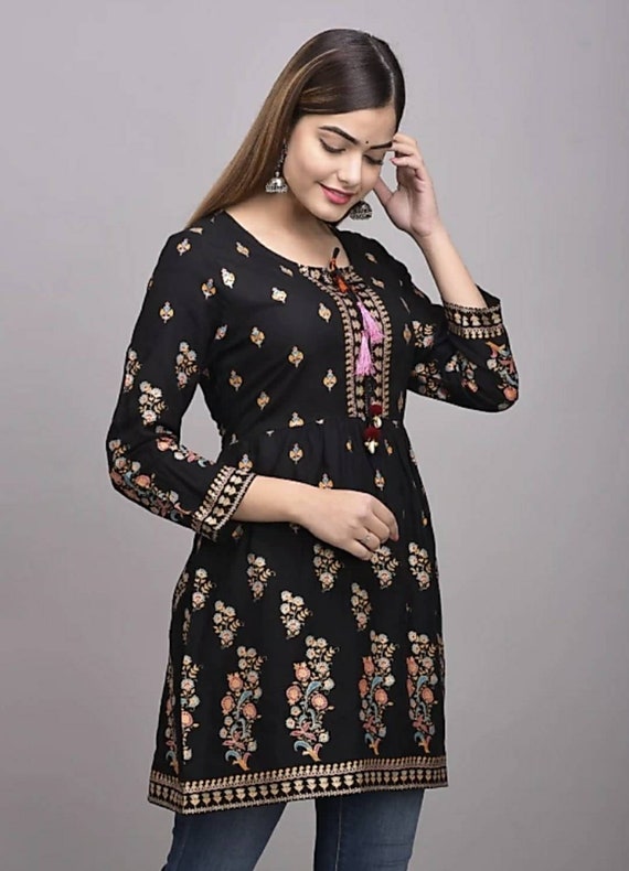 Womens Kurti Black Tunic Top Hand Embroidered Beaded – Maple Clothing Inc.