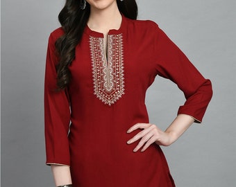 Pure Cotton Tunic Tops For Women - Maroon Embroidered Top - Short Kurta - Kurtis For Women - Summer Tops Tees T-shirt Plus Size Boho Top