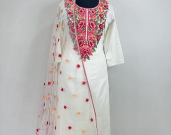 Pure Cotton Kurta Set - Floral Embroidery Design Kurta Palazzo & Dupatta  - Indian Ethnic Wear - Dresses For Women - Plus Size Salwar Kameez
