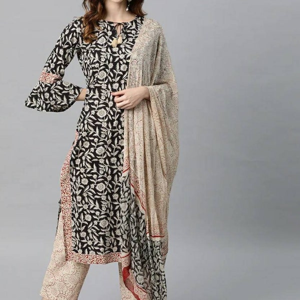 Kurta Sets Women - Black And Beige Printed Pure Cotton Kurta Trousers & Dupatta - Indian Dress Salwar Kameez Punjabi Suit Kurti Palazzo