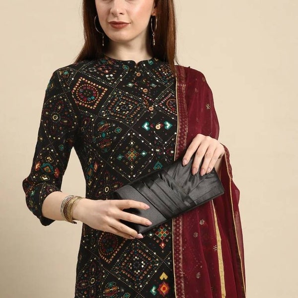 Chundri Print Straight Kurta Set - Women Black Ethnic Motifs Printed Kurta with Palazzos & With Dupatta - Indian Ethnic Salwar Kameez Set.