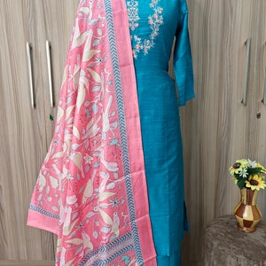 Silk Kurta Set Turquoise Blue Party Wear Indian Ethnic Outfit Pakistan Suit Custom Size Traditional Style Embroidered Detail Salwar Kameez