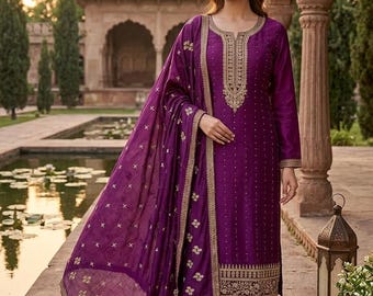Conjunto de kurta de seda - Kurta, pantalón y dupatta bordados con flores moradas - Ropa étnica india - Vestidos para mujer - Ropa de fiesta - Vestido kurti
