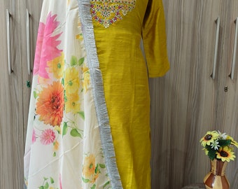 Kurta Set For Women - Yellow Thread Work Kurta Trousers & Dupatta  - Indian Ethnic Wear - Dresses For Women - Party Wear - Pakistani Kurta
